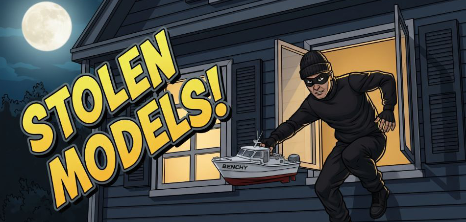 Stolen Models! website banner showing a burglar with a stolen model